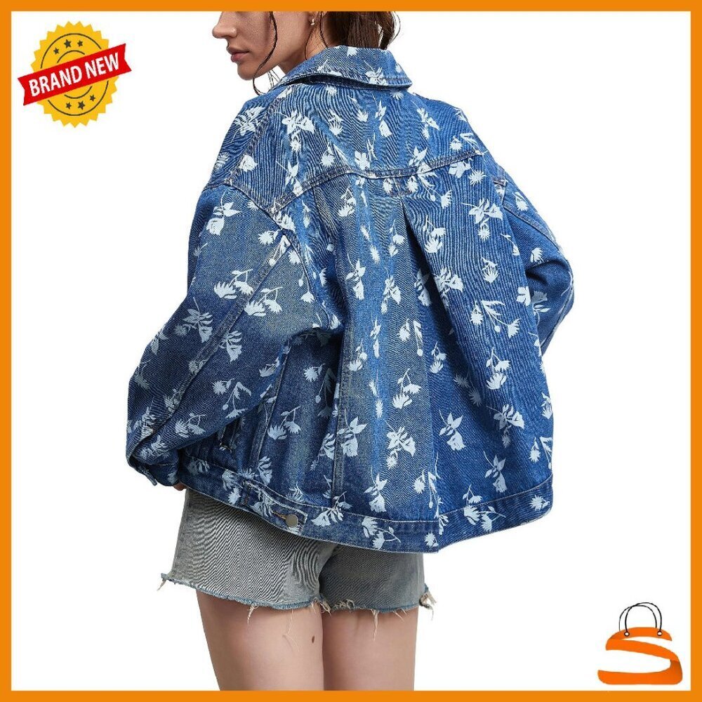 Oversized Denim Jacket Vintage Boyfriend Fit Printed Design Pockets